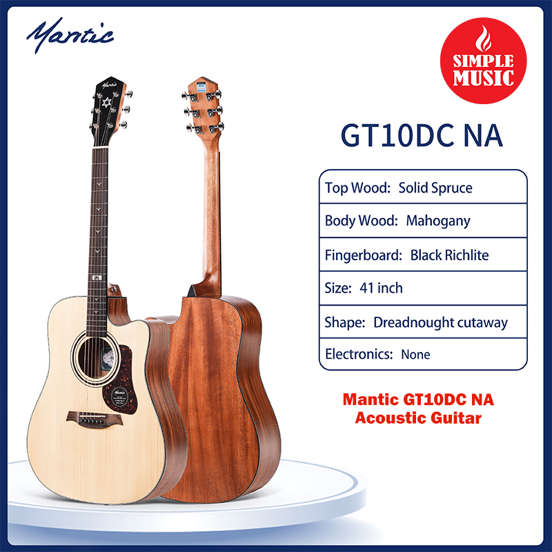 Mantic GT-10DC 41 Dreadnaught Cutaway Natural Acoustic Guitar(Solid Top)